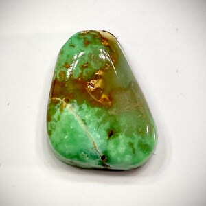 May include: A green and brown gemstone cabochon with a smooth, polished surface. The stone has a mottled pattern of green and brown.