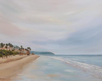 May include: A painting of a beach scene with palm trees, a sandy beach, and a calm ocean. The sky is a soft blue with wispy clouds. The painting has a peaceful and serene atmosphere.