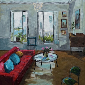 Red Couch Print: French Interior Acrylic Painting