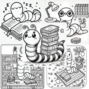 May include: Black and white line drawing illustration of a worm reading a book. The worm is wearing glasses and has a stack of books on its back. The worm is sitting on a bed of grass and flowers.