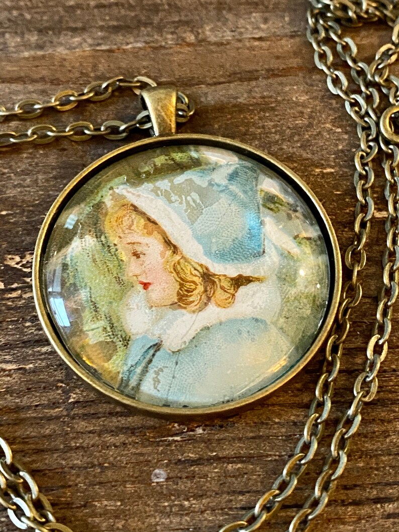 Vintage Ephemera Necklace Antique Gold Finish 24 Inch chain Victorian Girl