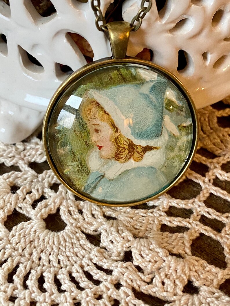 Vintage Ephemera Necklace Antique Gold Finish 24 Inch chain Victorian Girl