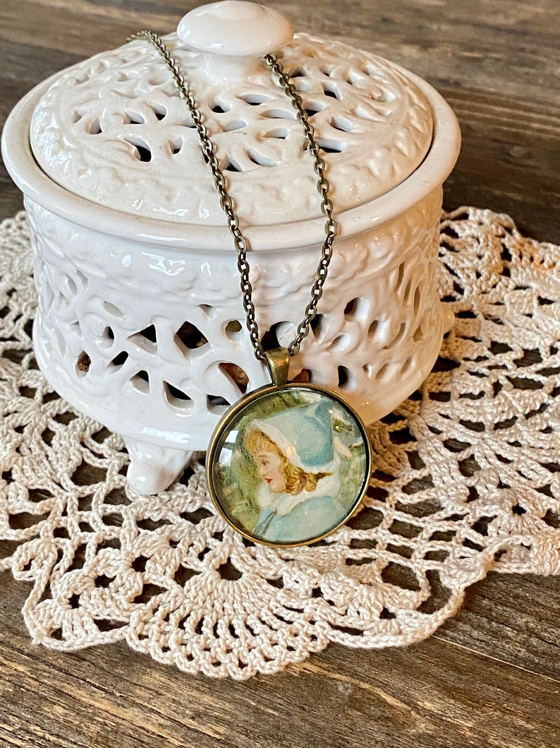 Vintage Ephemera Necklace Antique Gold Finish 24 Inch chain Victorian Girl