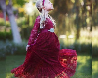 Burgundy lace flower girl dress,girl Christmas Dress,baby girl dress,long sleeve,country,Red Christmas,Cranberry Rustic flower girl dress,81