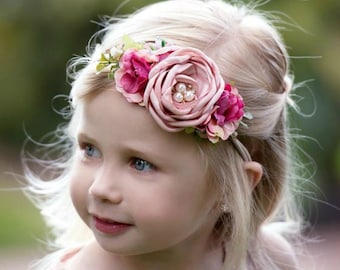 Baby headbands,Baby girl headband, floral nylon headband, flower girl crown headband, nylon headbands,Newborn Infant Headband,Hair bows pink