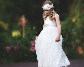 Off White Flower girl dress, Communion Dress, lace flower girl dresses, Boho chic flower girl dress, bohemian dress Athia #32