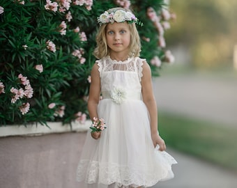 Ivory Flower girl dress,Lace flower girl dress,Tulle Ivory Lace Dress,Comunion Dress, Baptism Baby Dress, Flower Girls Dresses, Rustic 157