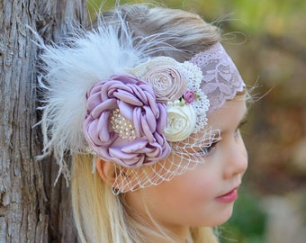 Flower feathers headband girl headband, couture headband, Baby girls wedding headband Baby headbands headband  lace headband Hair Bows