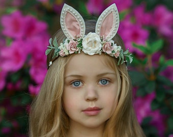Easter Flower Crown, Bunny Ears Headband, Girls Floral Halo