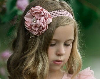 Blush Headband, Flower feather headband girl headband, couture headband, Baby girls headband Baby headbands, lace headband,Hair Bows, Ivory