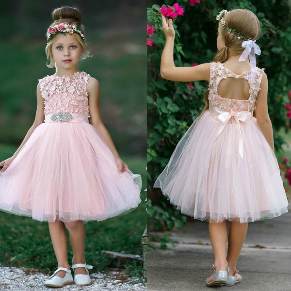 Open Back Flower Girl Dress,Blush Pink Lace Flower girl dress,Rustic Flower Girl Dress,Boho Flower Girl Dress,Tulle flower girl dresses 14