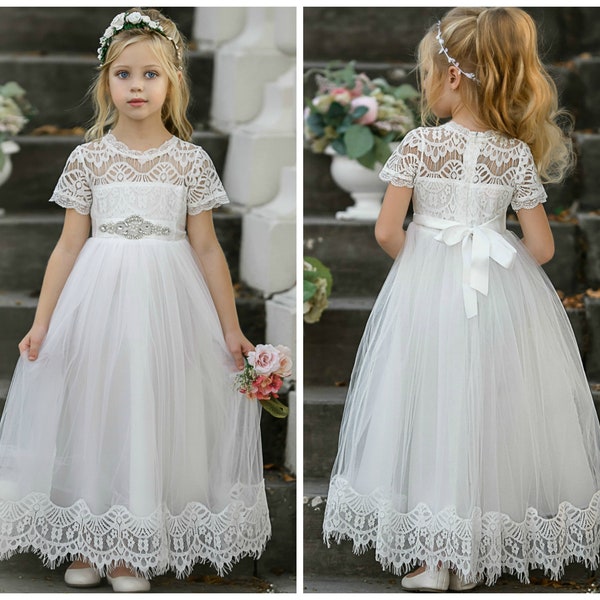 Robe de fille de fleur en dentelle blanche, robe de fille de fleur rustique en tulle, robe de communion, robes de fille de fleur, robe de baptême, robe en dentelle bébé fille 187