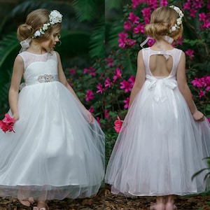 White Lace Flower Girl Dress,Tulle  Flower girl dresses,First Communion Dress,Boho Chic Bohemian Flower Girl,Rustic Flower Girl Dress 31