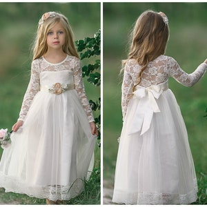 Flower girl dress,girl lace dress,Communion ivory lace dress,Country Rustic flower girl dress,long sleeve tulle dress,Flower girl dresses 56