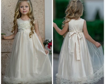 Champagne Tulle Flower Girl Dress,Flower Girl Dresses,Boho Flower Girl Dress,Lace Flower Girl Dress,Rustic Flower Girl, Toddler Dresses 230