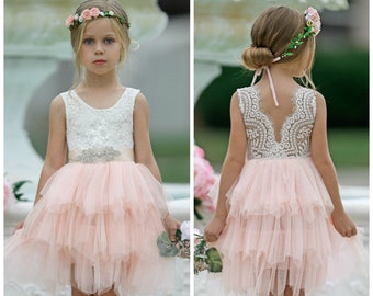 Blush Pink Tulle Flower Girl Dress,White Lace Flower Girl Dress,Boho Flower Girl Dresses,Rustic Flower Girl Dresses, Toddler Tutu Dress 08