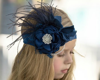 Navy Blue Headband, Flower feather headband girl headband, couture headband, Baby girls headband Baby headbands lace headband Hair Bows