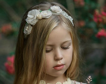 White Flower Girl Headband, Rhinestone Baptism Headband