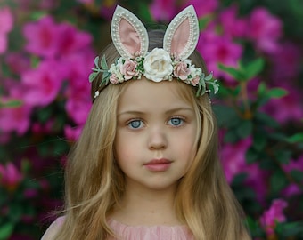 Easter Bunny Headband, Bunny Ears Baby Headband, Easter Photo Prop, Flower Girl Headband, Girl Floral Crown,Floral Headband,Flower Wreath