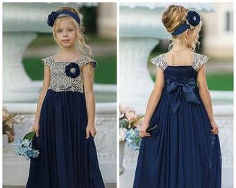 Navy Lace Flower girl dress, Tulle Rustic flower girl dress, Christmas dress, Flower girl dresses, Navy Gold dress, baby girl lace dress 183