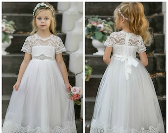 White Lace Flower girl dress, Tulle Rustic flower girl dress, Communion dress, Flower girl dresses, Baptism dress, baby girl lace dress 187