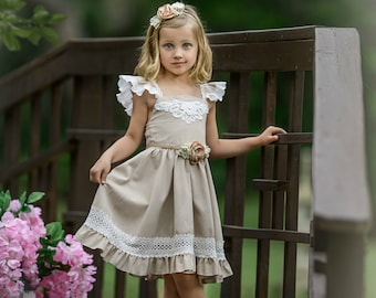 NATURAL Flower girl dress, lace flower girl dress, girl dress, girls dress, country flower girl dress, rustic flower girl dress, 219