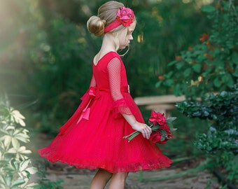 SALE Red Flower Girl Dress,Red Christmas dress,flower girl dresses,Red baby girl dress, girl Christmas dress,Red Bohemian Girls Dress 140