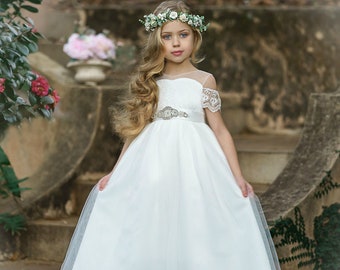 White flower girl dress,Tulle and Lace Flower Girl Dress, First Comunion Dress,White Tulle Dress,Flower girl dresses,Baby Toddler Dress 97