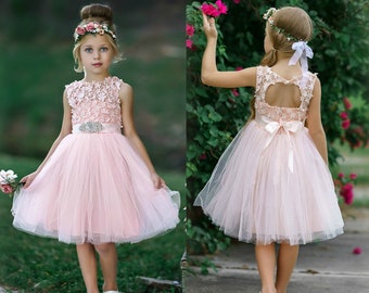 Open Back Flower Girl Dress,Blush Pink Lace Flower girl dress,Rustic Flower Girl Dress,Boho Flower Girl Dress,Tulle flower girl dresses 14