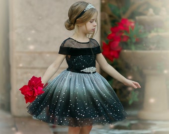 Black Flower Girl Dress, Christmas Baby Girl Dress, Toddler Tulle  Dress, Junior Bridesmaid ,Girls Dress for Wedding, Black Tutu Dress 155