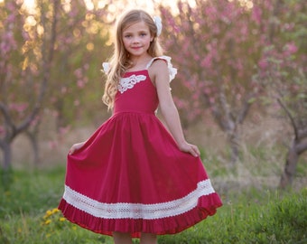 Raspberry Red Flower girl dress, lace flower girl dress, Red dress, country flower girl dress, rustic flower girl dress, twins dress,221