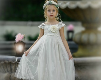 Ivory Lace Flower Girl Dress, Tulle Skirt, Rustic Wedding