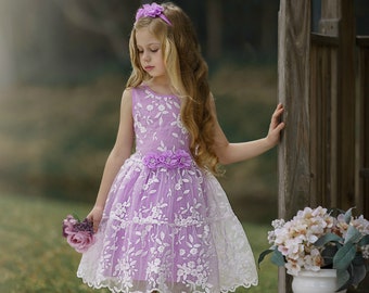 Girls dress, lace flower girl dress, yellow girls lace dress, easter dress, lavender lace dress, rustic flower girl dress,birthday dress 172