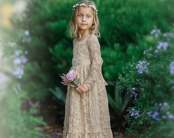 flower girl lace dress,country lace dress,champagne lace dress,Rustic flower girl dress,long sleeve lace dress,Flower girl dresses, boho 28