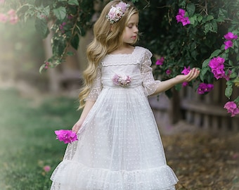 Weißes Blumenmädchenkleid, Kommunionkleid, weißes Spitzenkleid für Mädchen, rustikale Blumenmädchenkleider, Boho-Blumenmädchenkleid, Babykleid 41