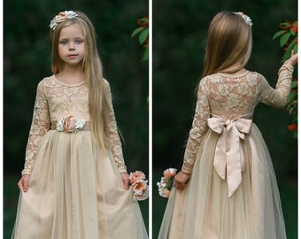 Champagne Flower girl dress,girl lace dress,Country Rustic flower girl dress,long sleeve tulle dress,Flower girl dresses,Communion dress 60