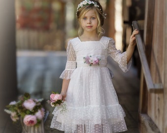 Weißes Blumenmädchenkleid, Kommunionkleid, weißes Spitzenkleid für Mädchen, rustikale Blumenmädchenkleider, Boho Blumenmädchenkleid, Babykleid 42