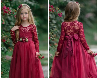 Burgundy lace flower girl dress,Christmas Rustic Lace flower girl dresses,Long sleeve flower Girl dresses, Tulle Boho Flower girl Dress 53