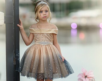 Tulle Flower girl dress,Champagne Flower girl dress,Gold Flower Girl Dress,Girls Christmas dress,Girls Holiday Tutu Dress, Baby Dress 160