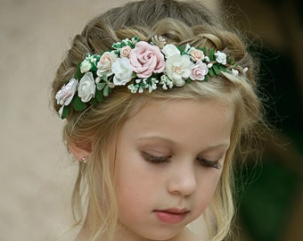 Blush Pink Flower Crown, Flower Girl Headband, Girl Floral Crown, Flower Halo, Flower Headpiece, Boho Wedding, Floral Headband,Flower Wreath