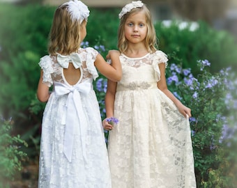 Ivory lace flower girl dress, flower girl dresses, Bohemian Flower girl, Beach Flower dress,rustic flower girl,country flower girl dress 85