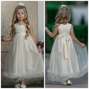 Champagne Tulle Flower Girl Dress,Flower Girl Dresses,Boho Flower Girl Dress,Lace Flower Girl Dress,Rustic Flower Girl, Toddler Dresses 230