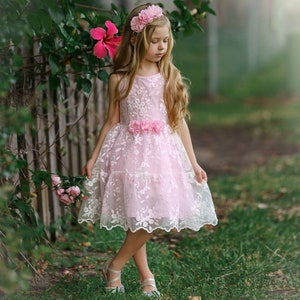 Flower girl dress,Pink girls dress ,girls lace dress,easter dress,pink lace dress, rustic flower girl dress, birthday dress,Pink dress 173