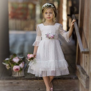 Vestido blanco para niña de las flores, vestido de comunión, vestido de encaje blanco para niñas, vestidos rústicos para niña de las flores, vestido bohemio para niña de las flores, vestido para bebé 42