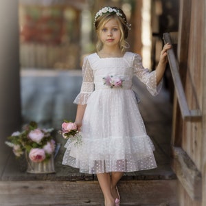 White Flower Girl Dress, Communion Dress, White Lace Dress for Girls, Rustic Flower Girl Dresses, Bohemian Flower Girl Dress, Baby Dress 42