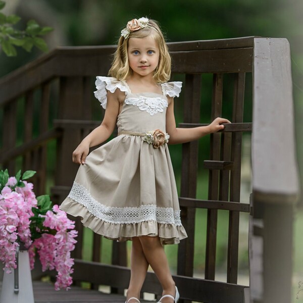 NATURAL Flower girl dress, lace flower girl dress, girl dress, girls dress, country flower girl dress, rustic flower girl dress, 219