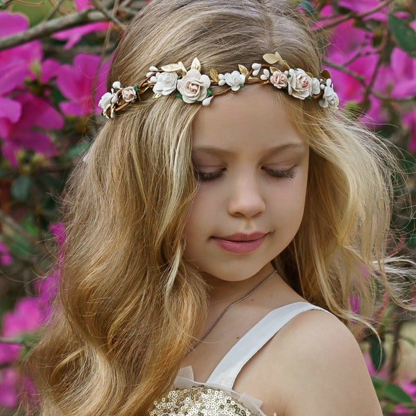 Couronne de fleurs ivoire, bandeau de demoiselle d'honneur, couronne de fleurs pour fille, halo de fleurs, casque de fleurs, mariage bohème, bandeau floral, couronne de fleurs