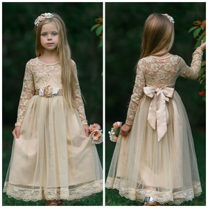 Champagne Flower girl dress,girl lace dress,Country Rustic flower girl dress,long sleeve tulle dress,Flower girl dresses,Communion dress 60