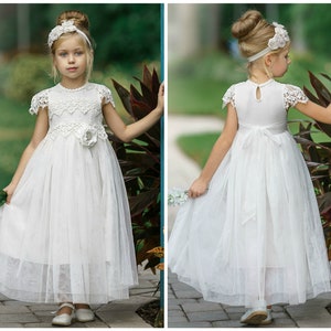 Off White flower girl dress,white Lace flower girl dress,Tulle Flower Girl Dress, Flower Girl Dress,Boho Flower Girl,First Communion 26