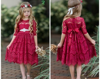 burgundy lace dress for little girl